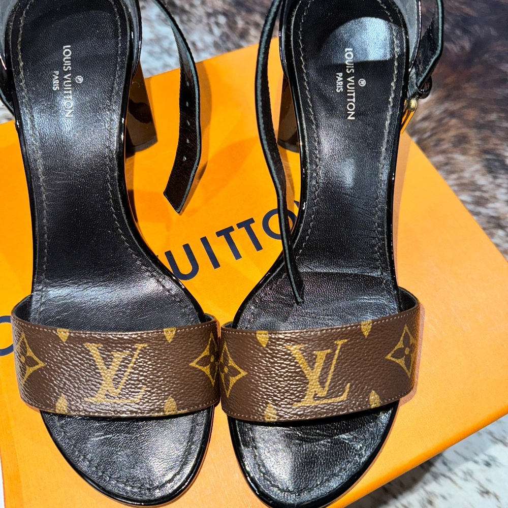 Louis Vuitton, black and brown canvas, monogram, heeled sandals